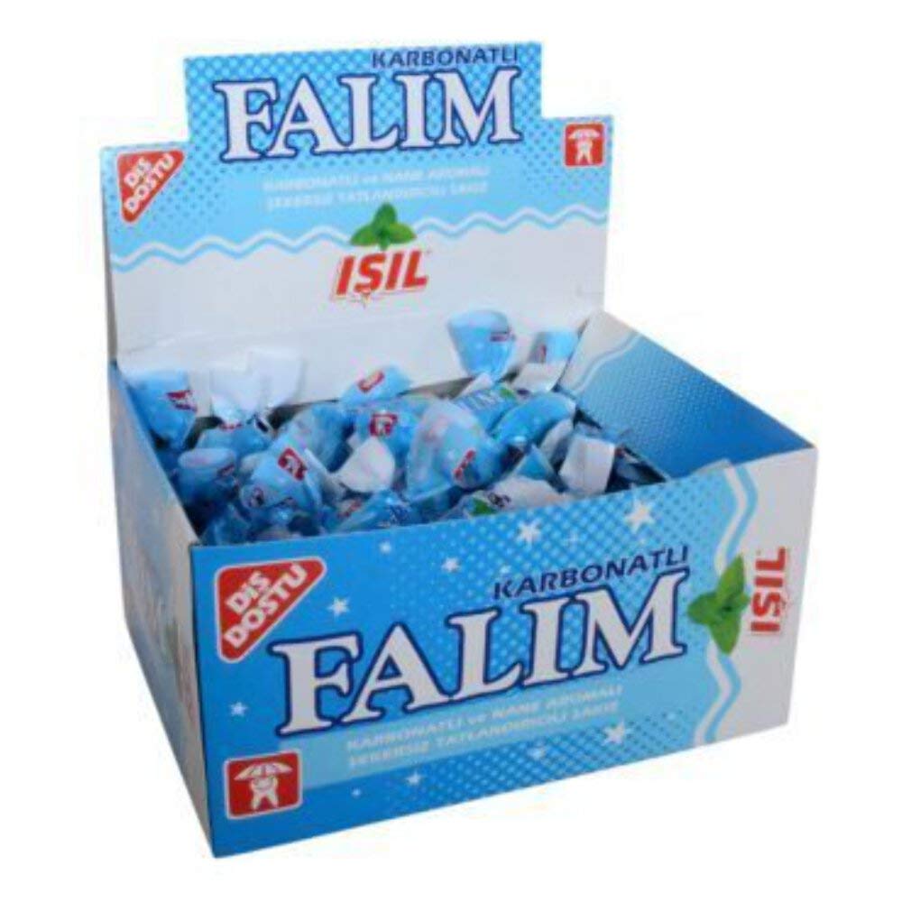Falim Sugarless Gum Carbonate Mint flavor, 100-piece pack for on-the-go refreshment.
