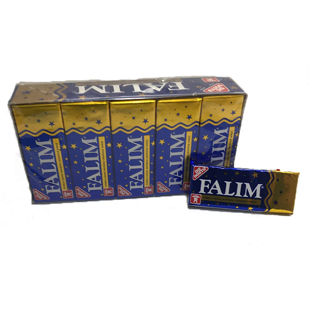 Falim sugarless mastic gum pack back view showing ingredients and no sugar claim