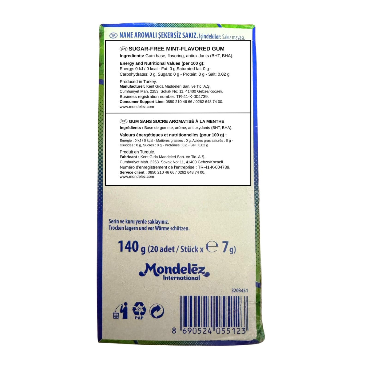Falim sugarless mint gum pack back with ingredients and sugar-free details