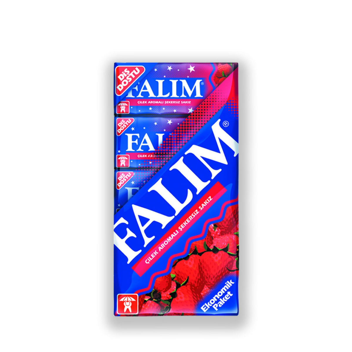 Falim sugarless strawberry gum front-pack with zero calories and lasting flavor.