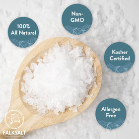 Falksalt delicate flakes dissolving on dish, slow dissolve with pleasant sparks.
