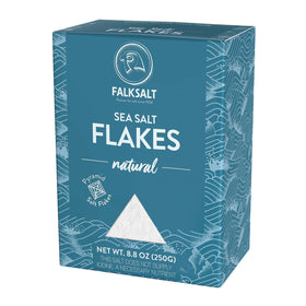 Falksalt sea salt flakes bottle close-up for finishing dishes with delicate crunch.