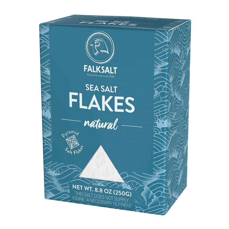 Falksalt sea salt flakes bottle close-up for finishing dishes with delicate crunch.