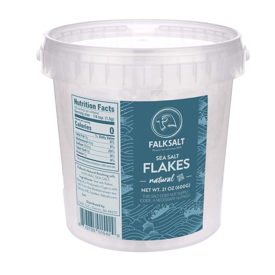 Falksalt natural sea salt flakes pack shot, premium finishing touch for gourmet meals.