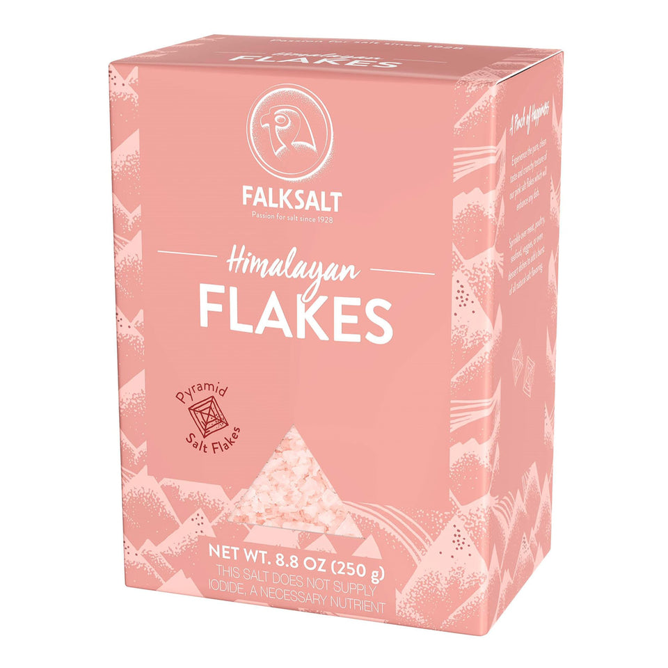 Falksalt Pink Himalayan Salt Flakes close-up showing delicate pyramid crystals for finishing dishes.
