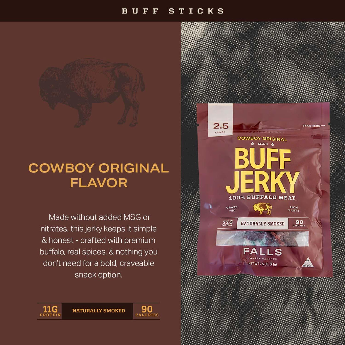 Falls Family Ranches buffalo jerky slices close-up highlighting tender texture and spices.