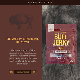 Falls Family Ranches buffalo jerky slices close-up highlighting tender texture and spices.