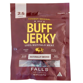 Falls Family Ranches Cowboy Original jerky bag with bold flavor for outdoor adventures.