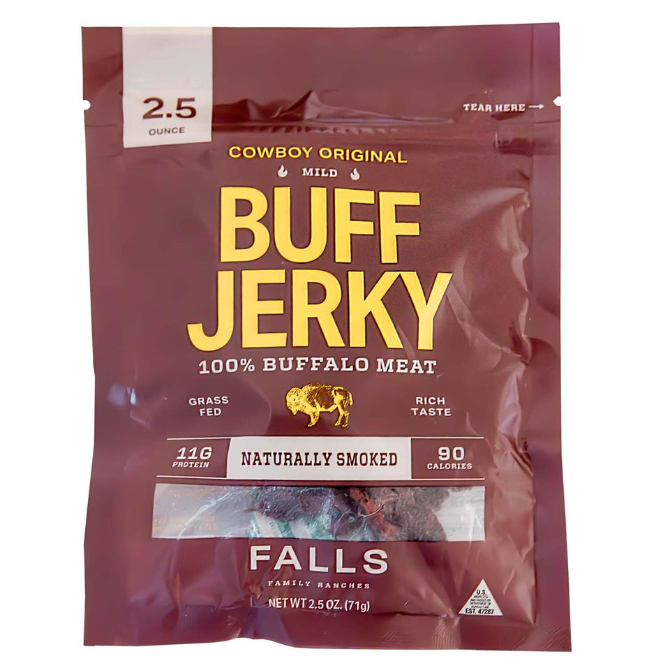 Falls Family Ranches Cowboy Original jerky bag with bold flavor for outdoor adventures.