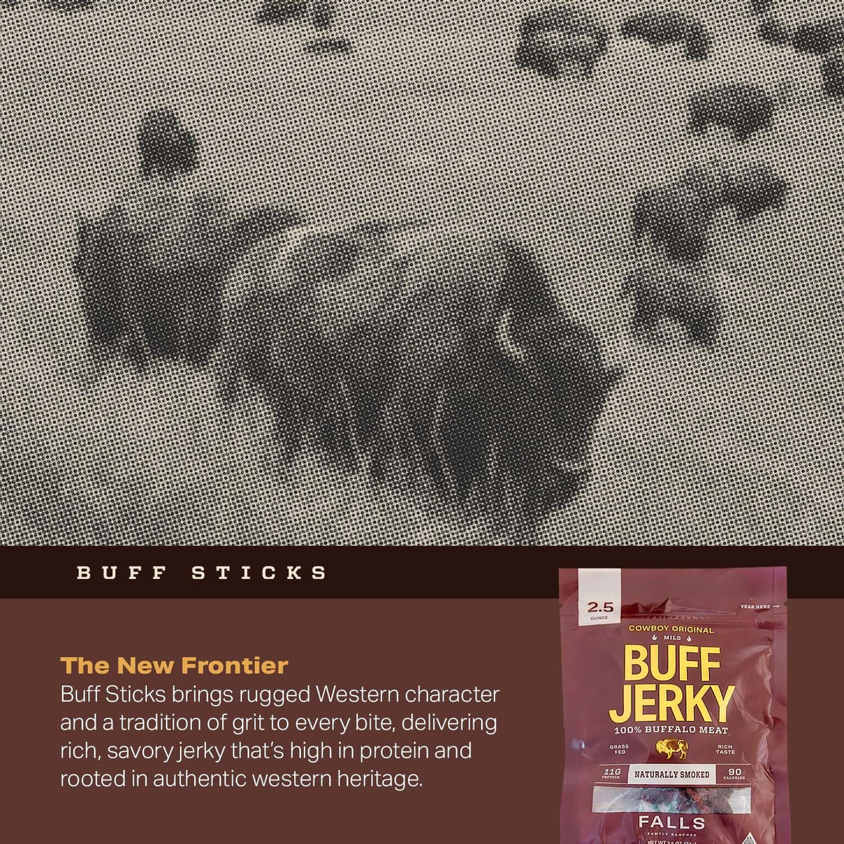 Falls Family Ranches nutrition facts highlight 11g protein per serving in jerky.