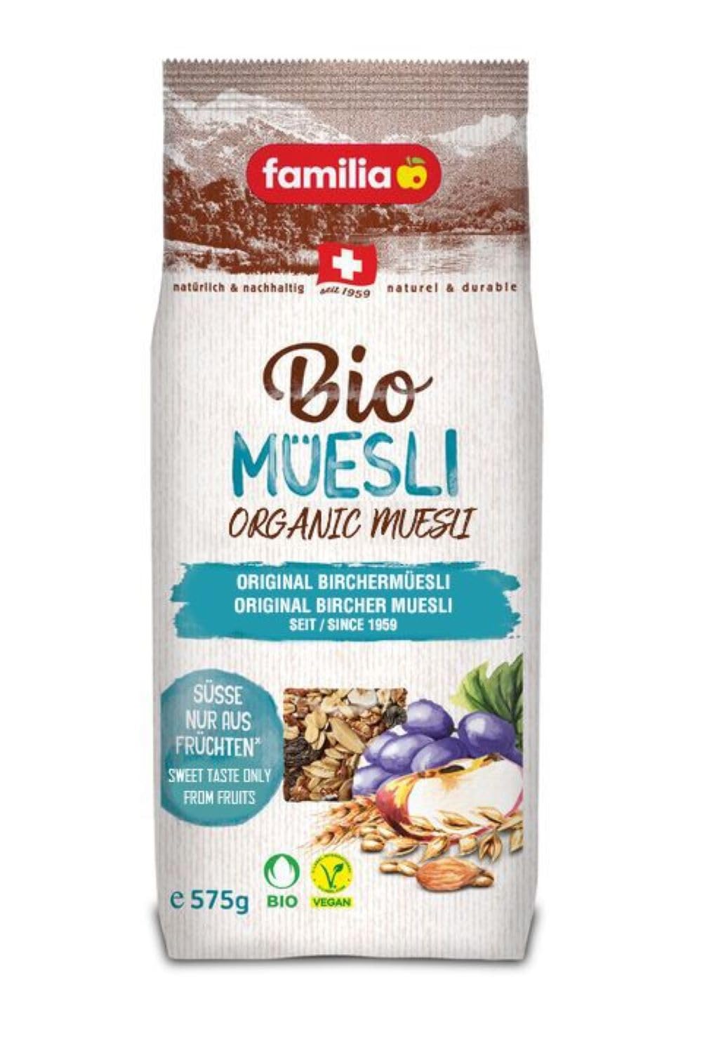 Familia Organic Bircher Müesli bag front with 20oz packaging.