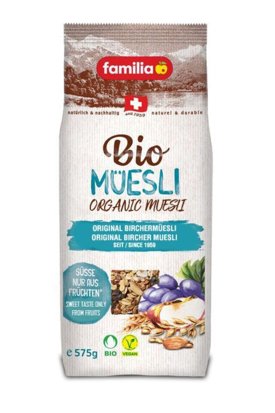 Familia Organic Bircher Müesli bag front with 20oz packaging.