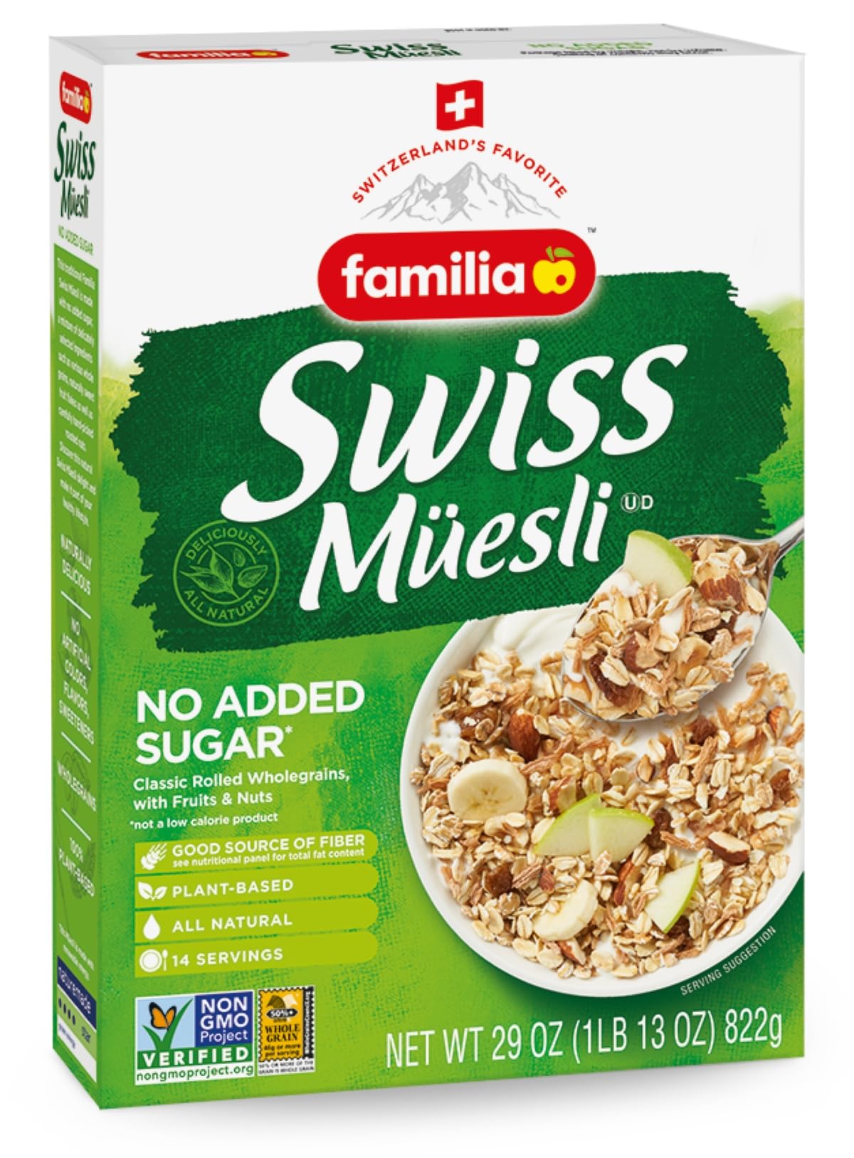 Familia Swiss Muesli being poured with milk for a quick breakfast.