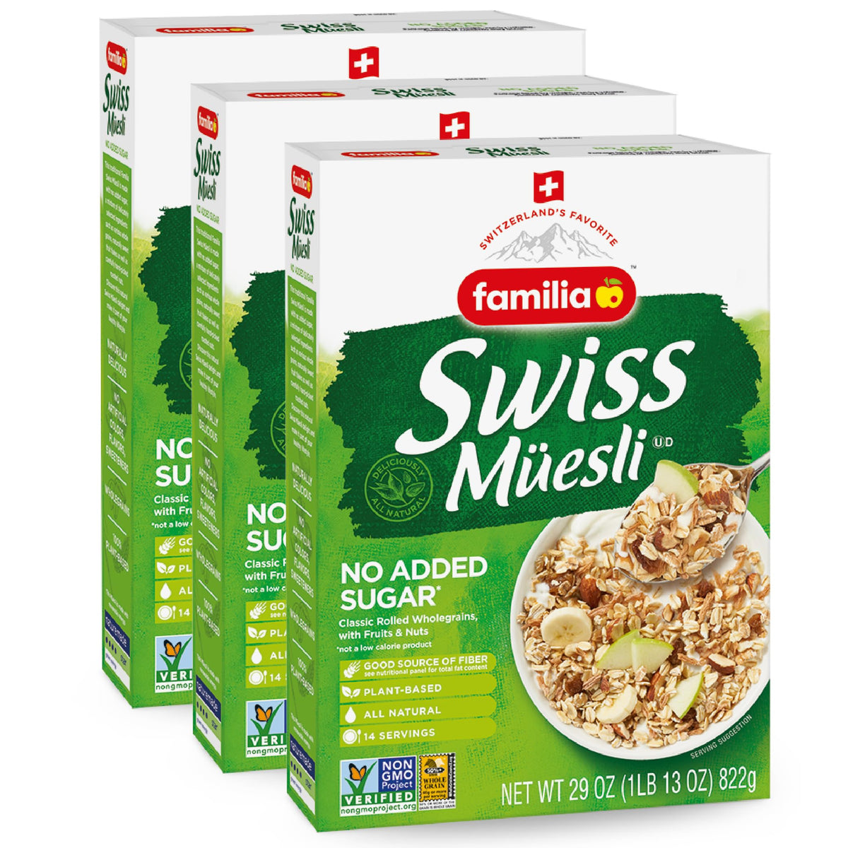 Familia Swiss Muesli bowl with raisins and nuts, natural sweetness from fruit.