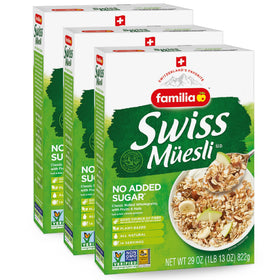 Familia Swiss Muesli bowl with raisins and nuts, natural sweetness from fruit.