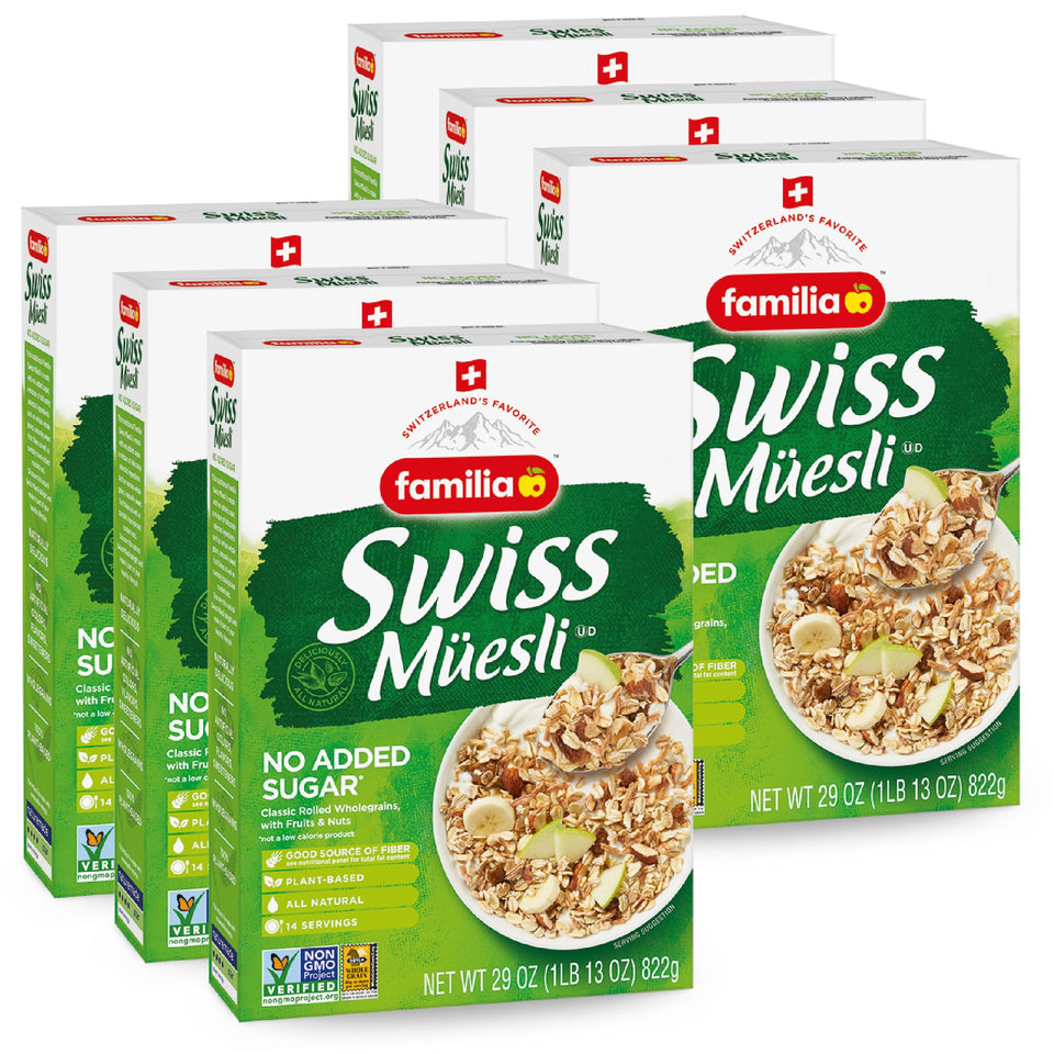 Familia Swiss Muesli bowl setup shows wholesome breakfast with natural oats and fruit