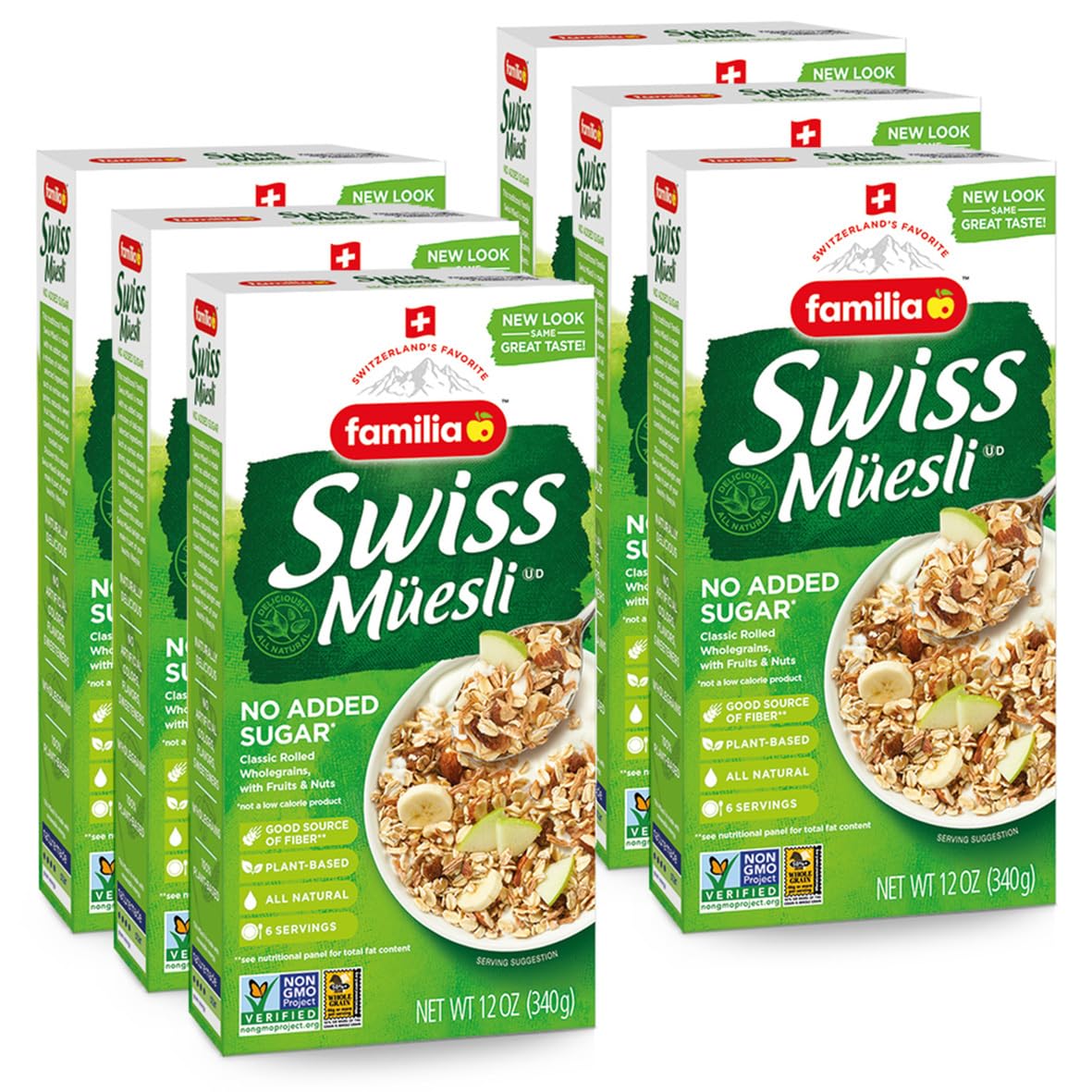 Familia Swiss Muesli cereal box packaging showcases a wholesome breakfast option.