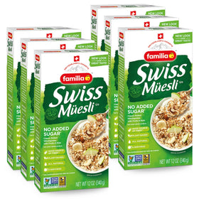 Familia Swiss Muesli cereal box packaging showcases a wholesome breakfast option.