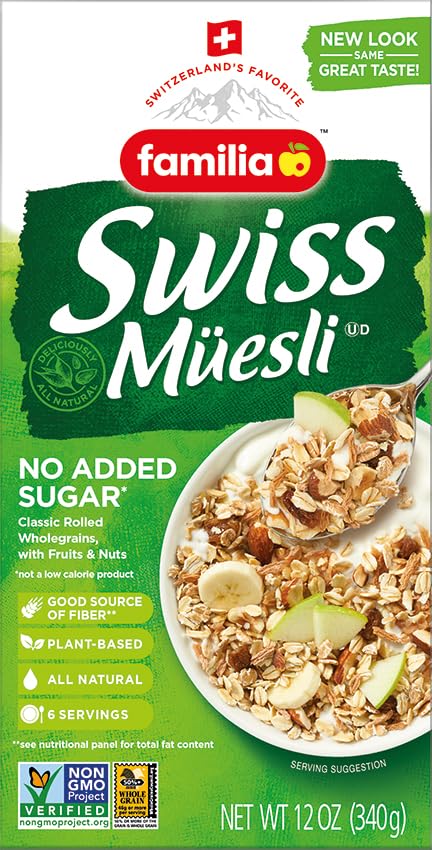 Familia Swiss Muesli close-up shows raisins and nuts for natural sweetness.