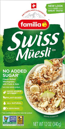 Familia Swiss Muesli close-up shows raisins and nuts for natural sweetness.