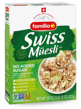 Familia Swiss Muesli no added sugar label on pack.