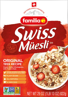 Familia Swiss Muesli bowl with milk and fruit for a quick, wholesome breakfast.