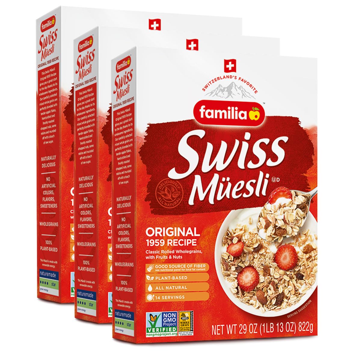 Familia Swiss Muesli original pack three, perfect for quick breakfasts.