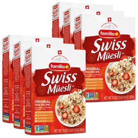 Familia Swiss Muesli original packaging with fruit and nuts, ideal for quick healthy breakfasts.
