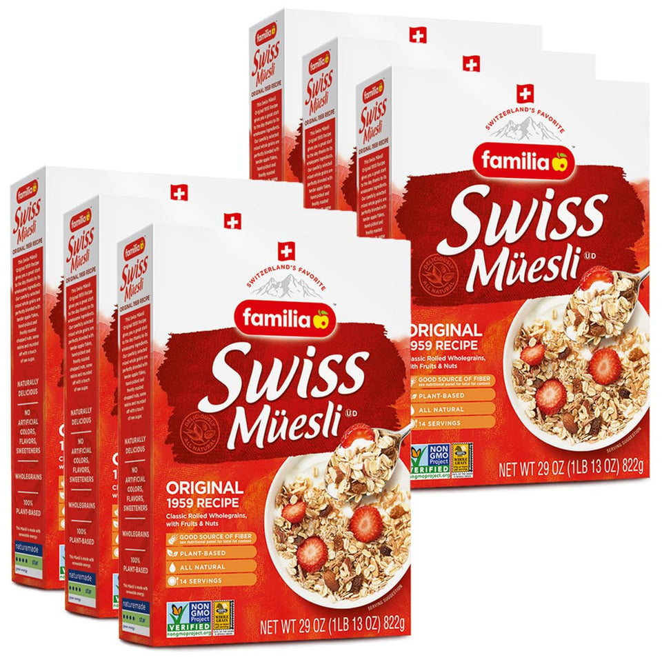 Familia Swiss Muesli original packaging with fruit and nuts, ideal for quick healthy breakfasts.