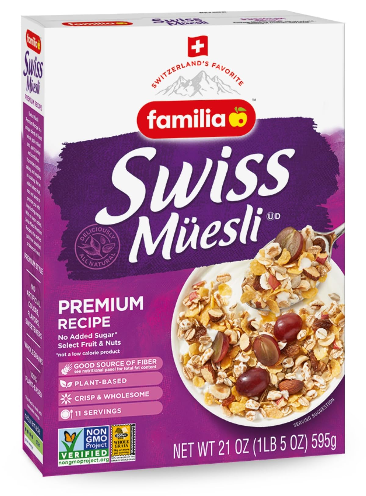 Familia Swiss Muesli pack shot showing the 21-ounce box