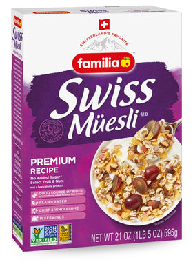 Familia Swiss Muesli pack shot showing the 21-ounce box