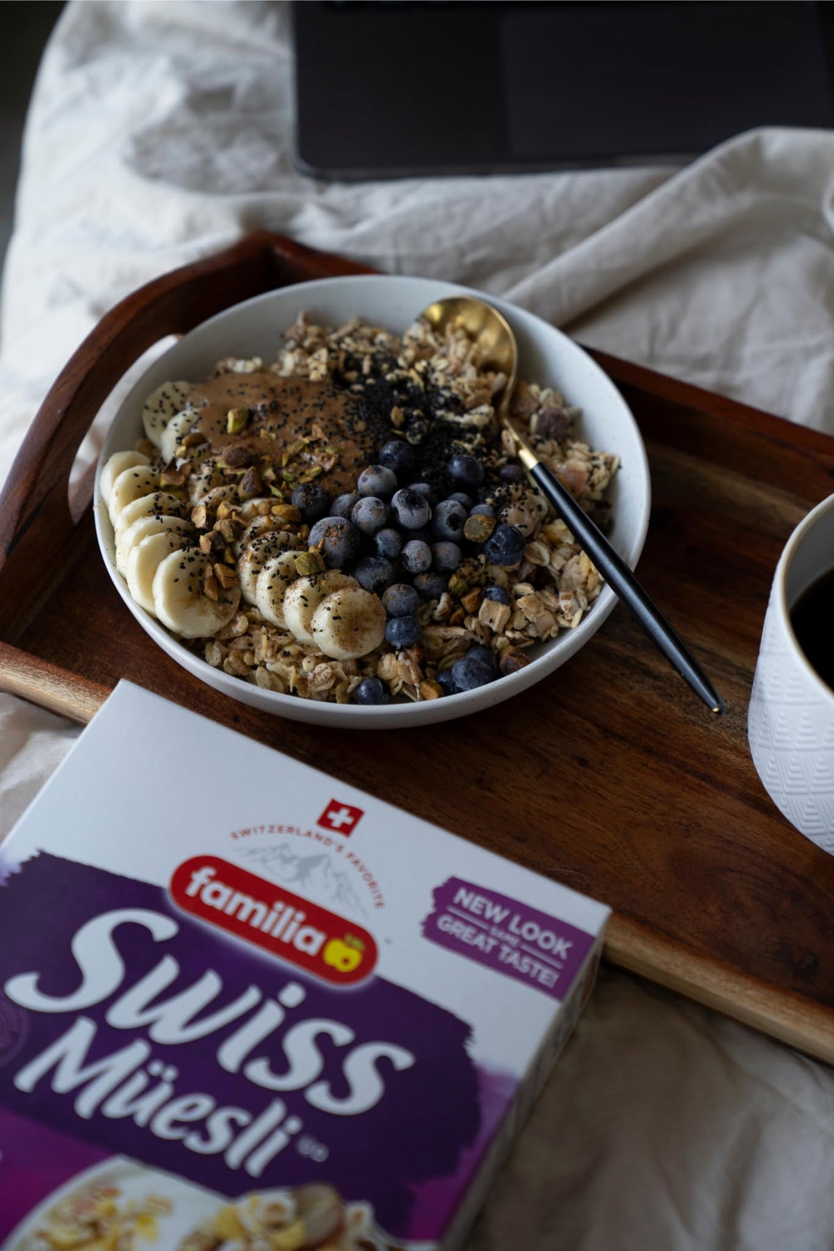 Closeup of Familia Swiss Muesli packaging emphasizing eco-friendly design