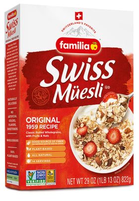 Familia Swiss Muesli packaging on store shelf.