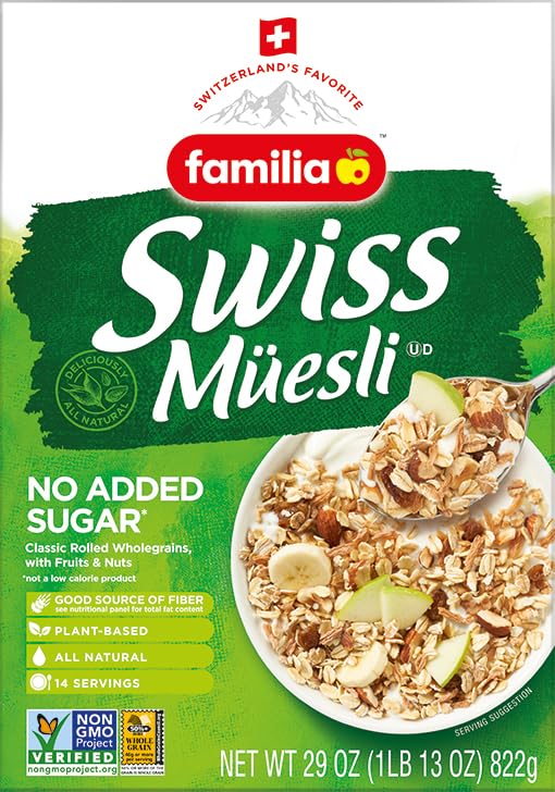 Packaging closeup of Familia Swiss Muesli highlighting eco-friendly materials