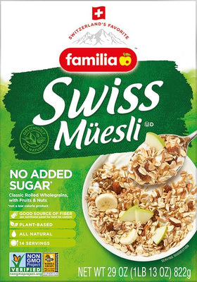 Packaging closeup of Familia Swiss Muesli highlighting eco-friendly materials