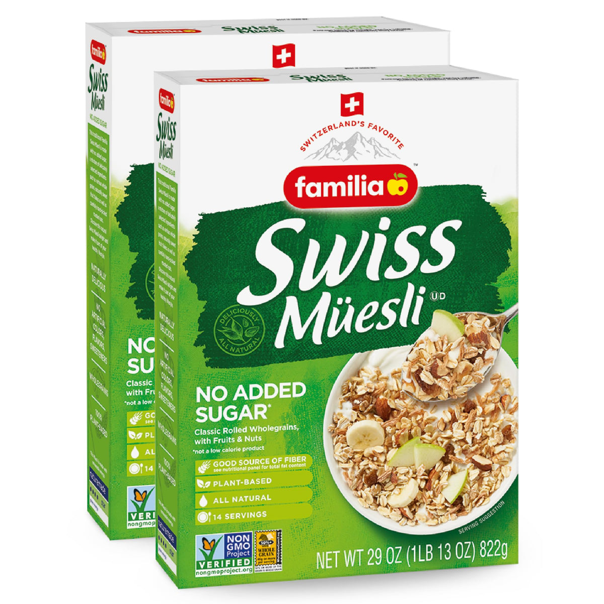 Familia Swiss Muesli two boxes ready for a wholesome breakfast.