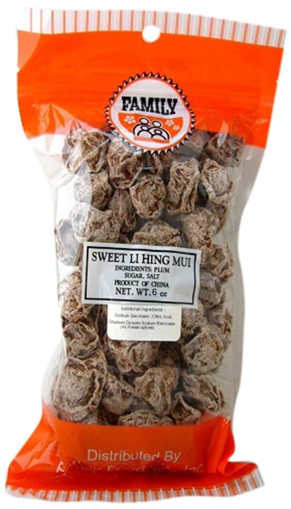 Family Sweet Li Hing Mui plum snack package on shelf, convenient on-the-go treat.