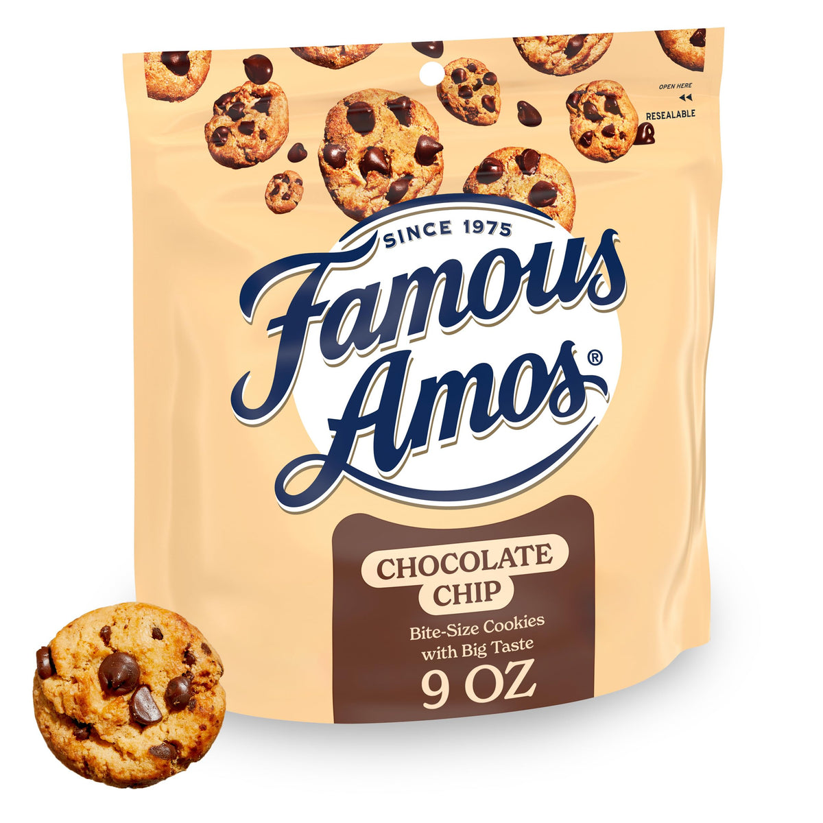 Famous Amos classic bite-size cookies close-up showing crunchy texture and chocolate chips.