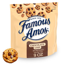 Famous Amos classic bite-size cookies close-up showing crunchy texture and chocolate chips.