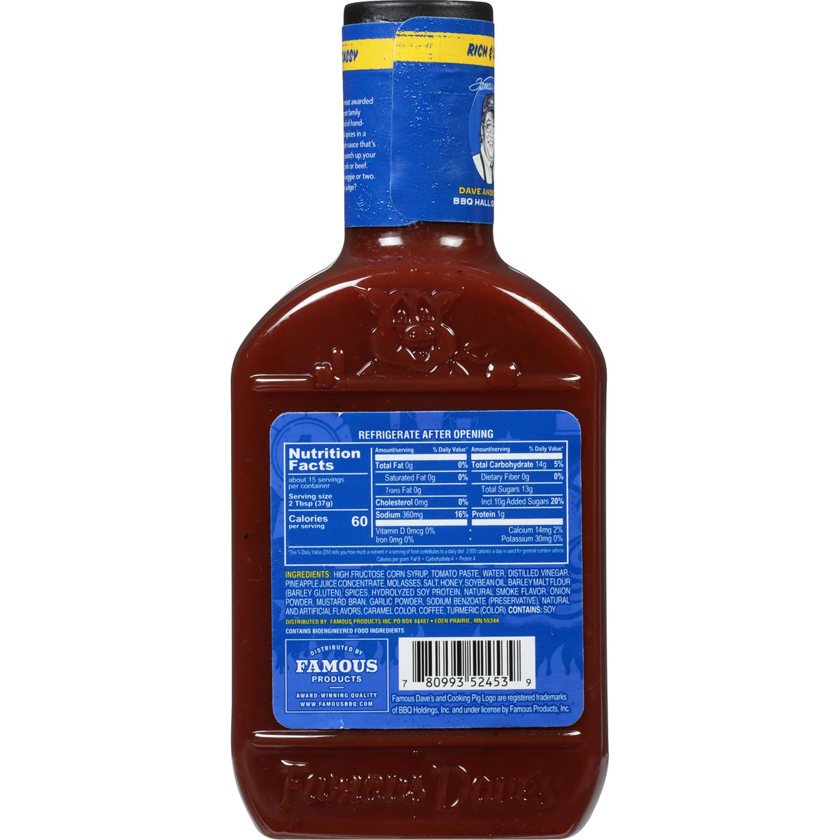 Famous Dave's Sweet & Zesty bottle close-up for family-friendly barbecue flavor.