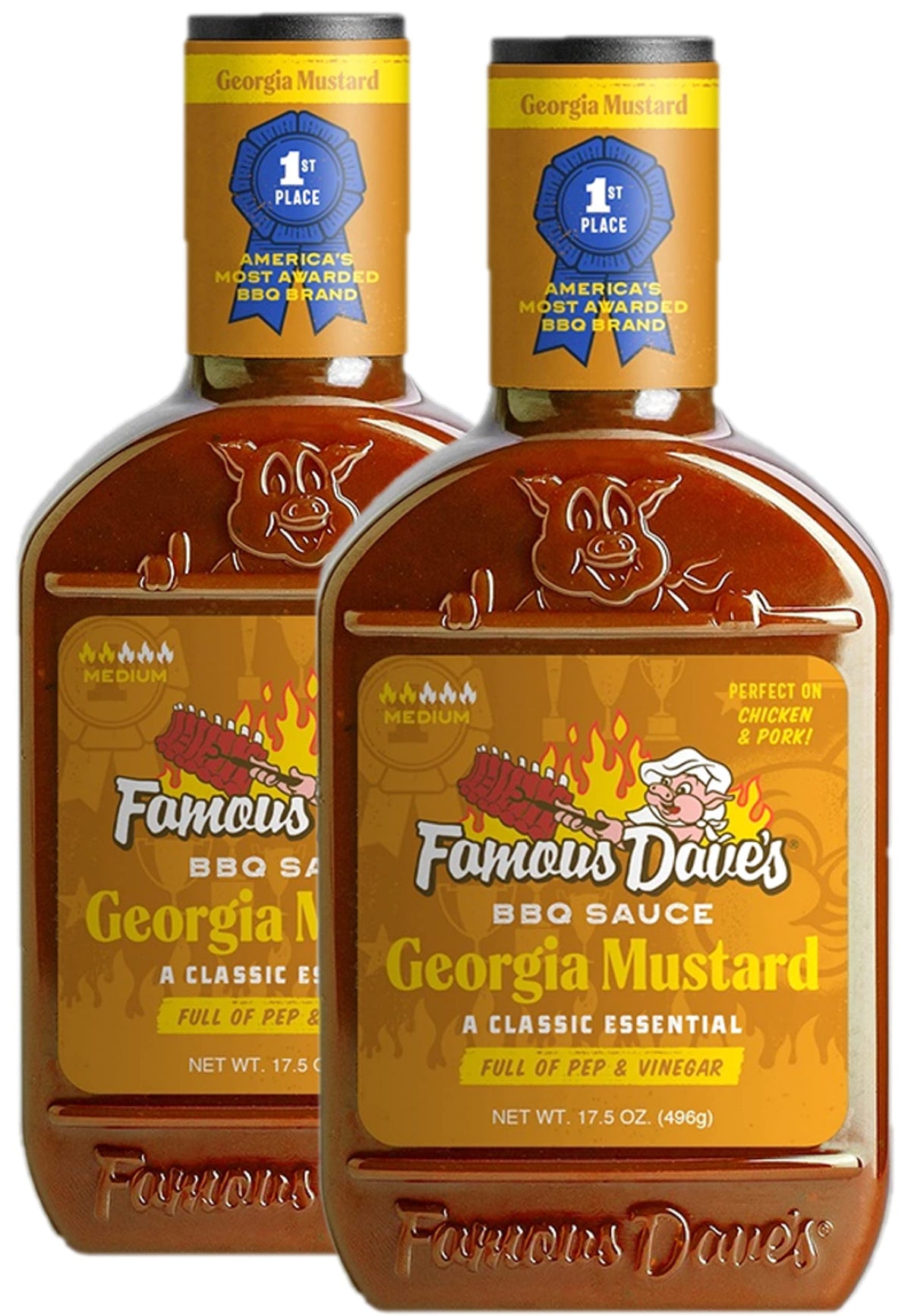 Famous Dave's Georgia Mustard BBQ Sauce 2-pack bottle front, bold flavor for backyard ribs.