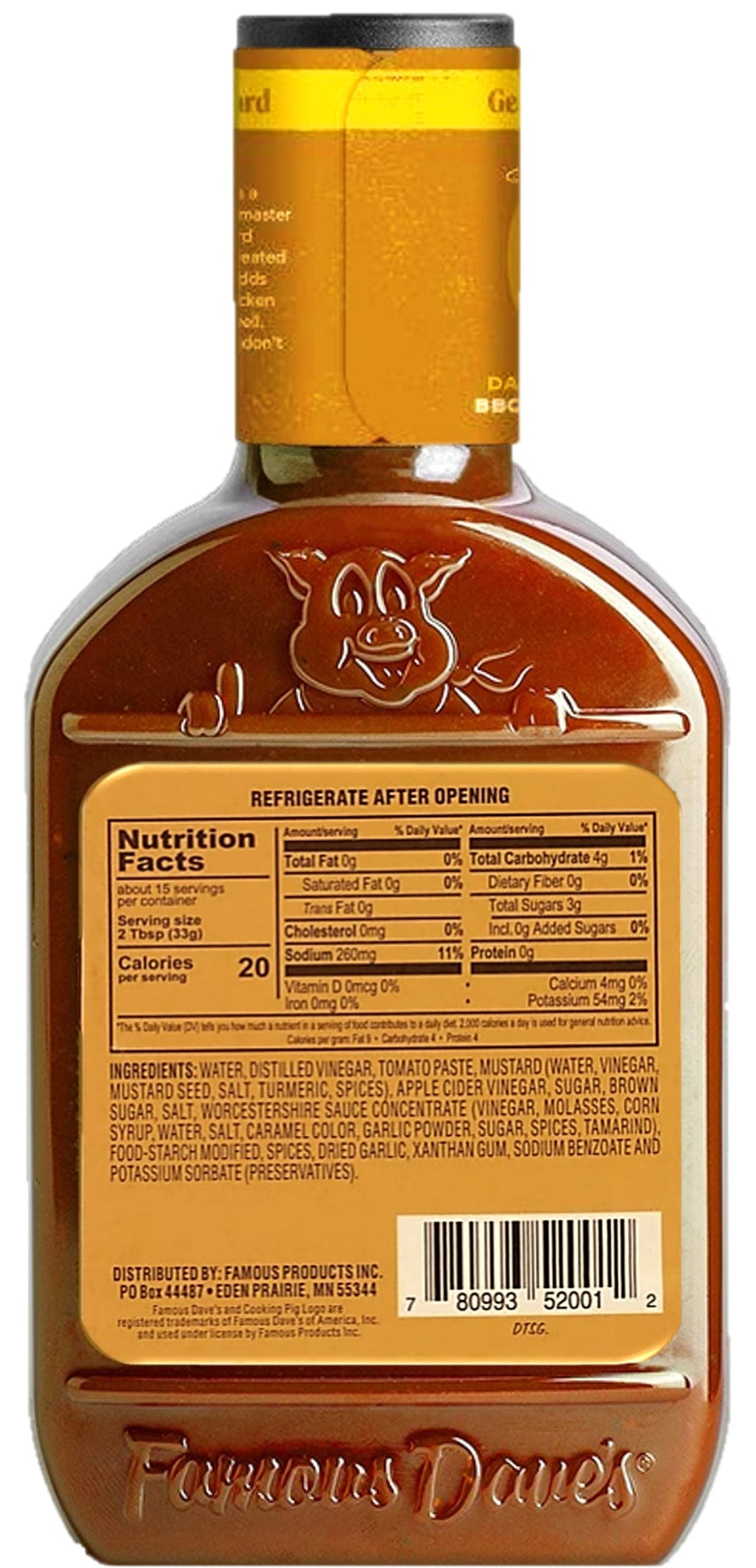 Famous Dave's Georgia Mustard BBQ Sauce 2-pack bottle side, tangy mustard and vinegar profile.