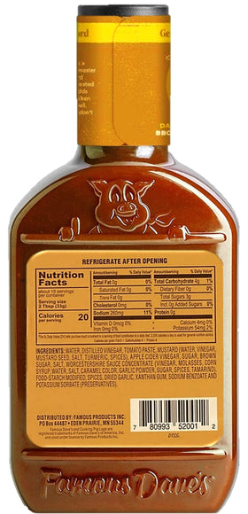 Famous Dave's Georgia Mustard BBQ Sauce 2-pack bottle side, tangy mustard and vinegar profile.