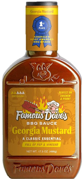 Famous Dave's Georgia Mustard BBQ Sauce packaging-back, emphasizes natural ingredients and heritage.