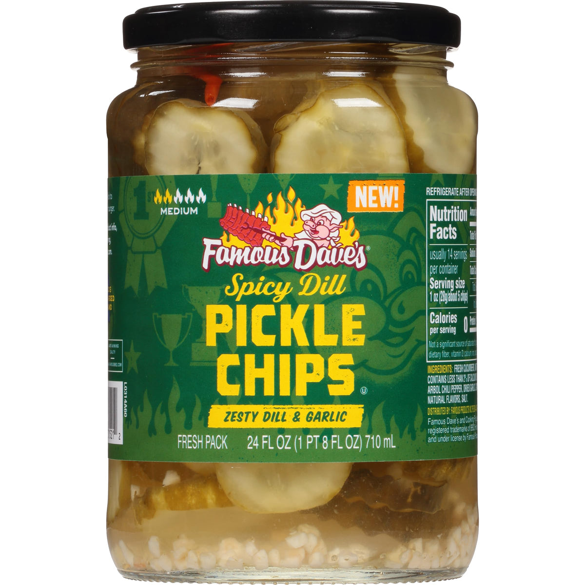 Famous Dave's Spicy Dill pickles in one jar with bold garlicky notes.