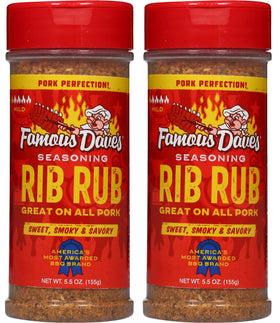 Famous Dave's Rib Rub 2-pack bottle front, rich smoky flavor for rib seasoning.