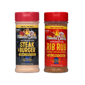 Famous Dave's rib rub bottle pour showing smoky spice blend for ribs