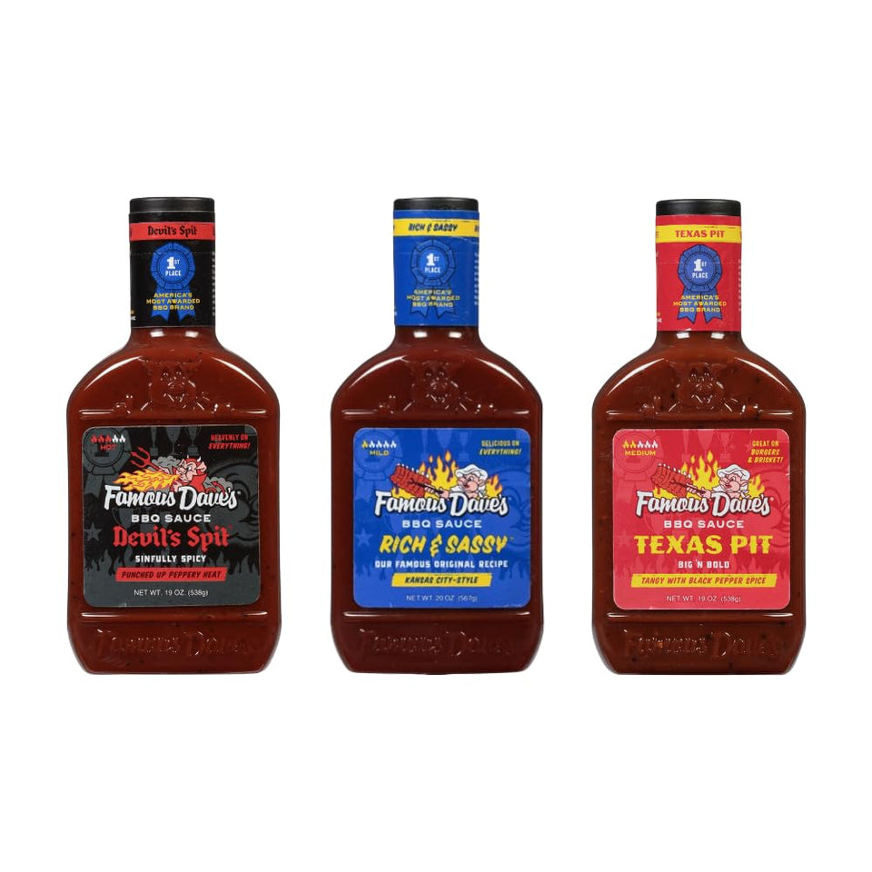 Famous Dave’s Rich & Sassy BBQ sauce bottle pouring for juicy grilling