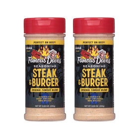 Famous Dave's steak and burger seasoning 2-pack bottle front, bold grill flavor.