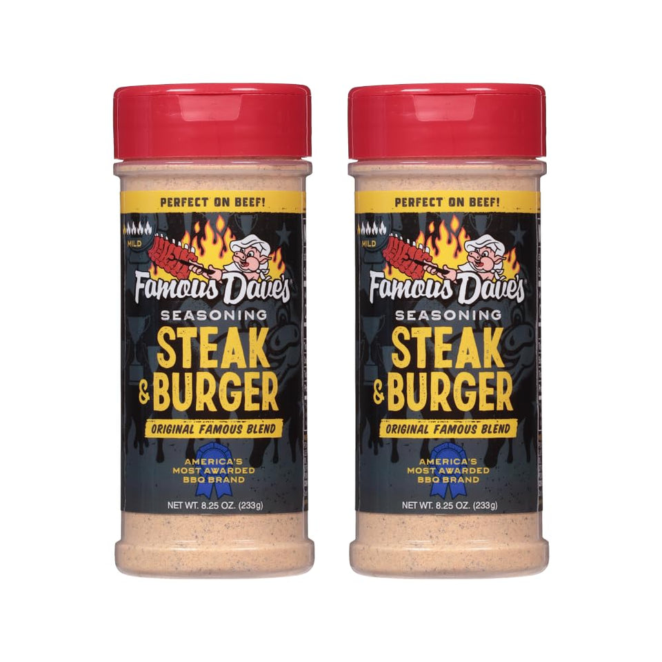 Famous Dave's steak and burger seasoning 2-pack bottle front, bold grill flavor.